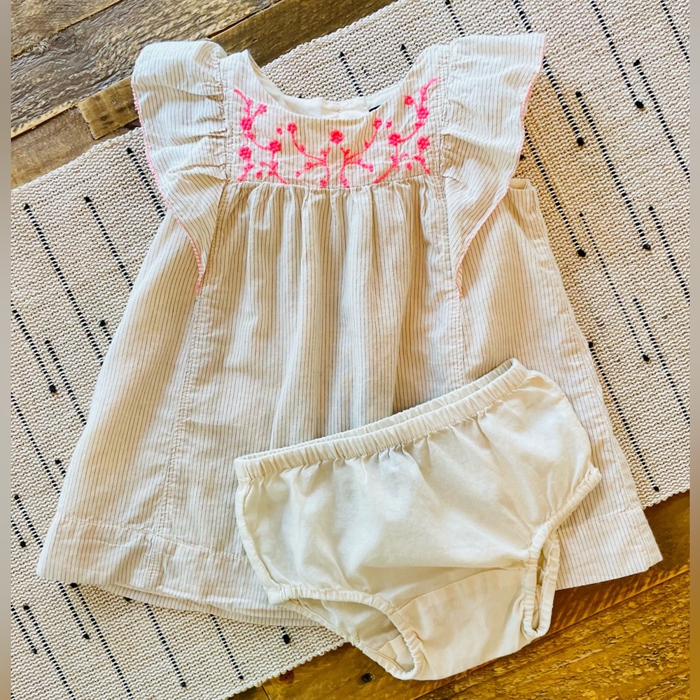 GAP- Ivory Striped Dress w/Neon Pink Embroidery & Diaper Cover - Size 3-6 Months